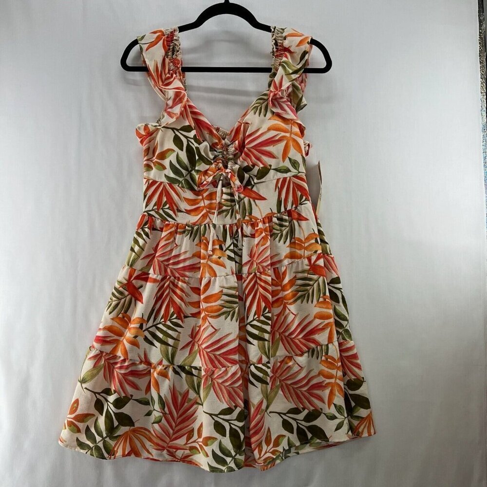 Madden NYC Dress Womens Sz L Juniors Flutter Sleeve Cut Out Boho Tropical Orange - Picture 3 of 13